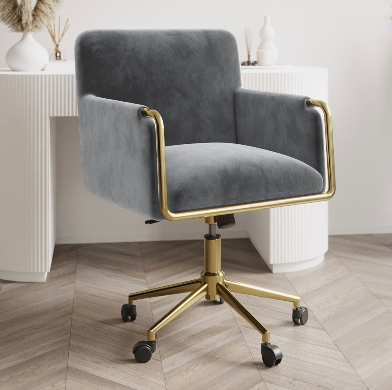 Grey Velvet Office Chair Ergonomic with Swivel and Adjustable Height