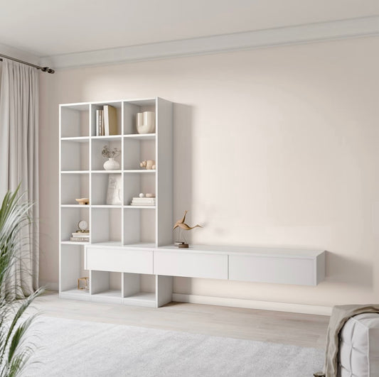 White Wood Bookcase 3 Drawers High Gloss Bookshelf