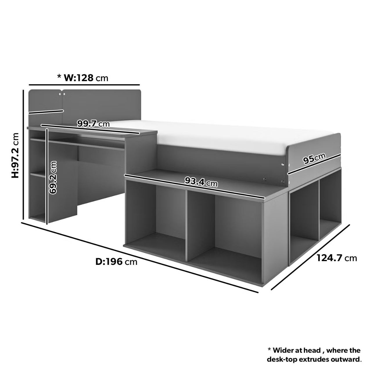 Kids Mid Sleeper Cabin Bed Frame Single with Shelves and Built in Desk