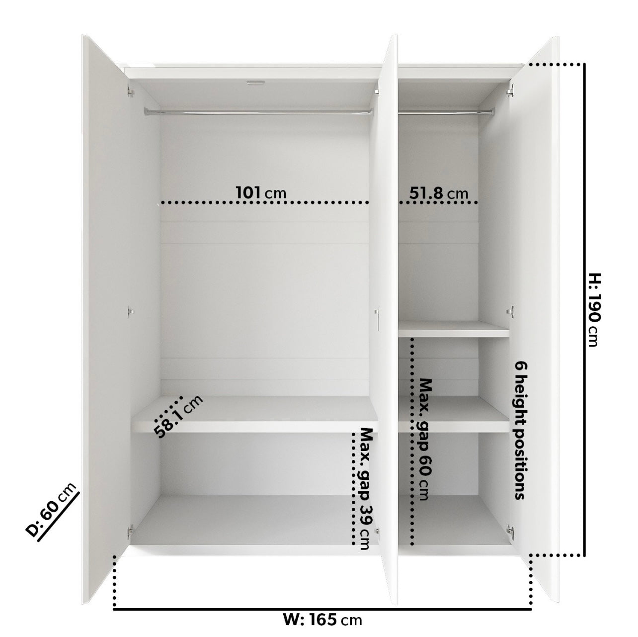White Triple Wardrobe Hanging Clothes Rail and Storage Shelves