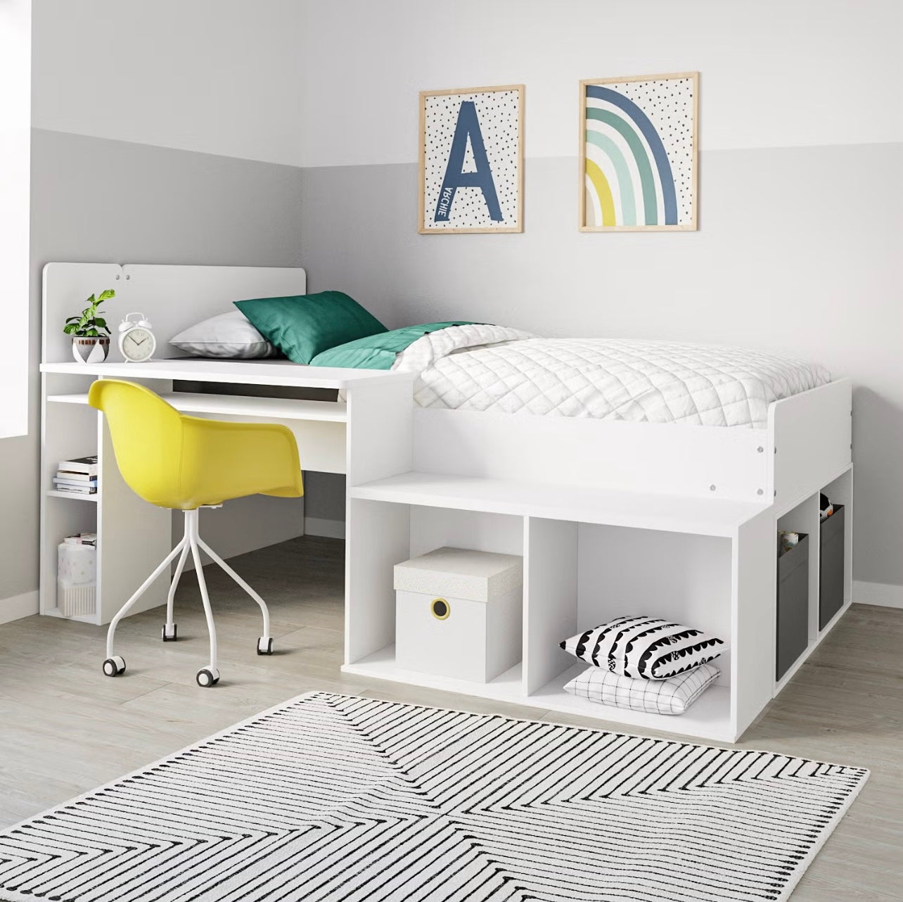 Kids Mid Sleeper Cabin Bed Frame Single with Shelves and Built in Desk