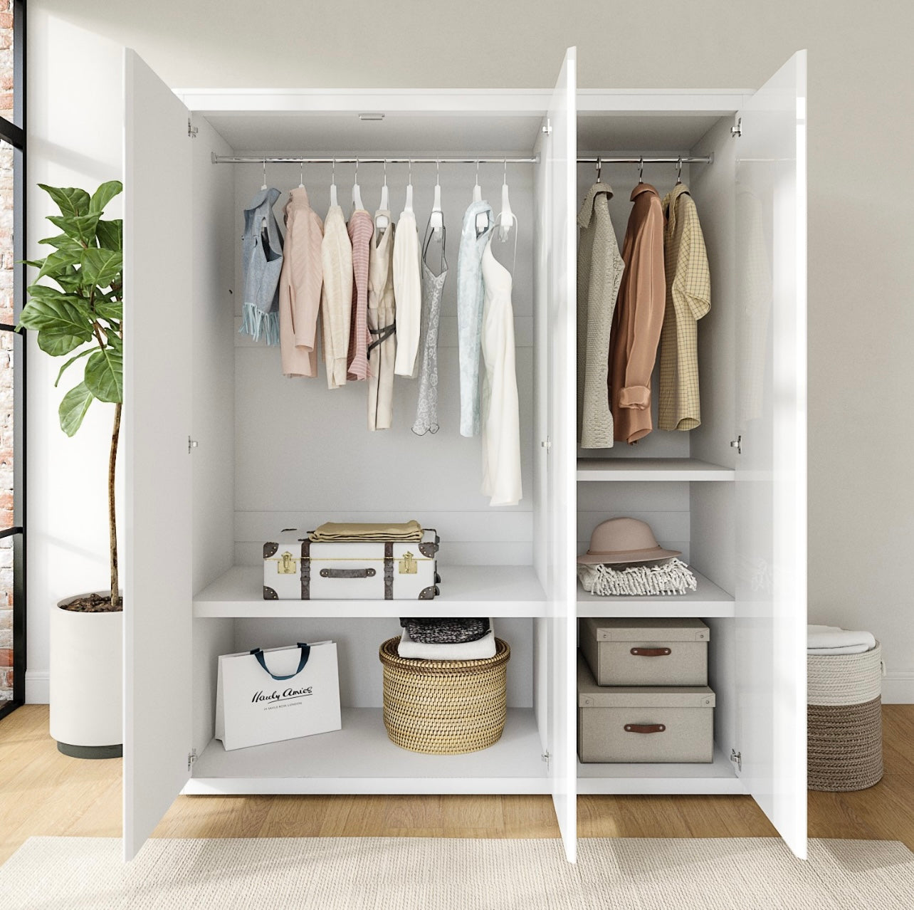 White Triple Wardrobe Hanging Clothes Rail and Storage Shelves