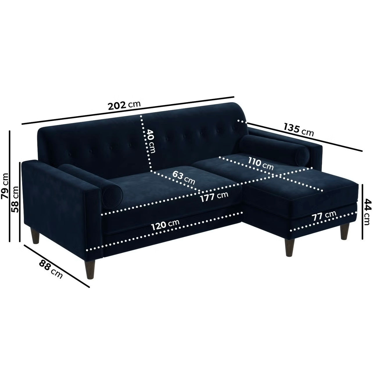 Velvet Corner Sofa Three Seater Couch with Bolster Cushions