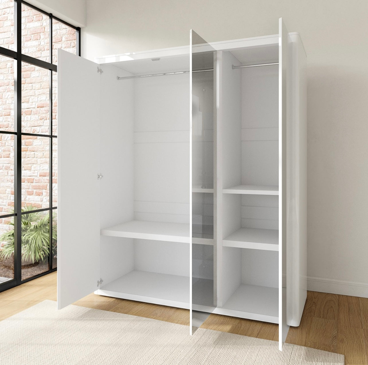 Mirrored Triple Wardrobe Hanging Clothes Rail and Storage Shelves