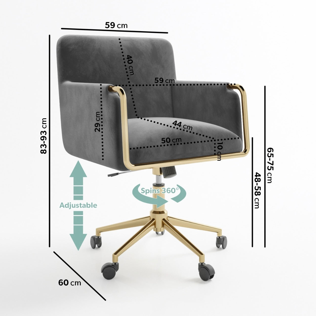 Grey Velvet Office Chair Ergonomic with Swivel and Adjustable Height
