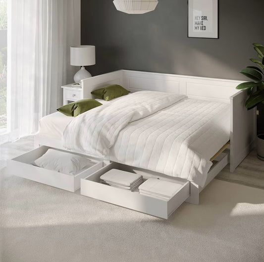 White Daybed Guest Double Bed with Pull Out Trundle and Storage Drawers
