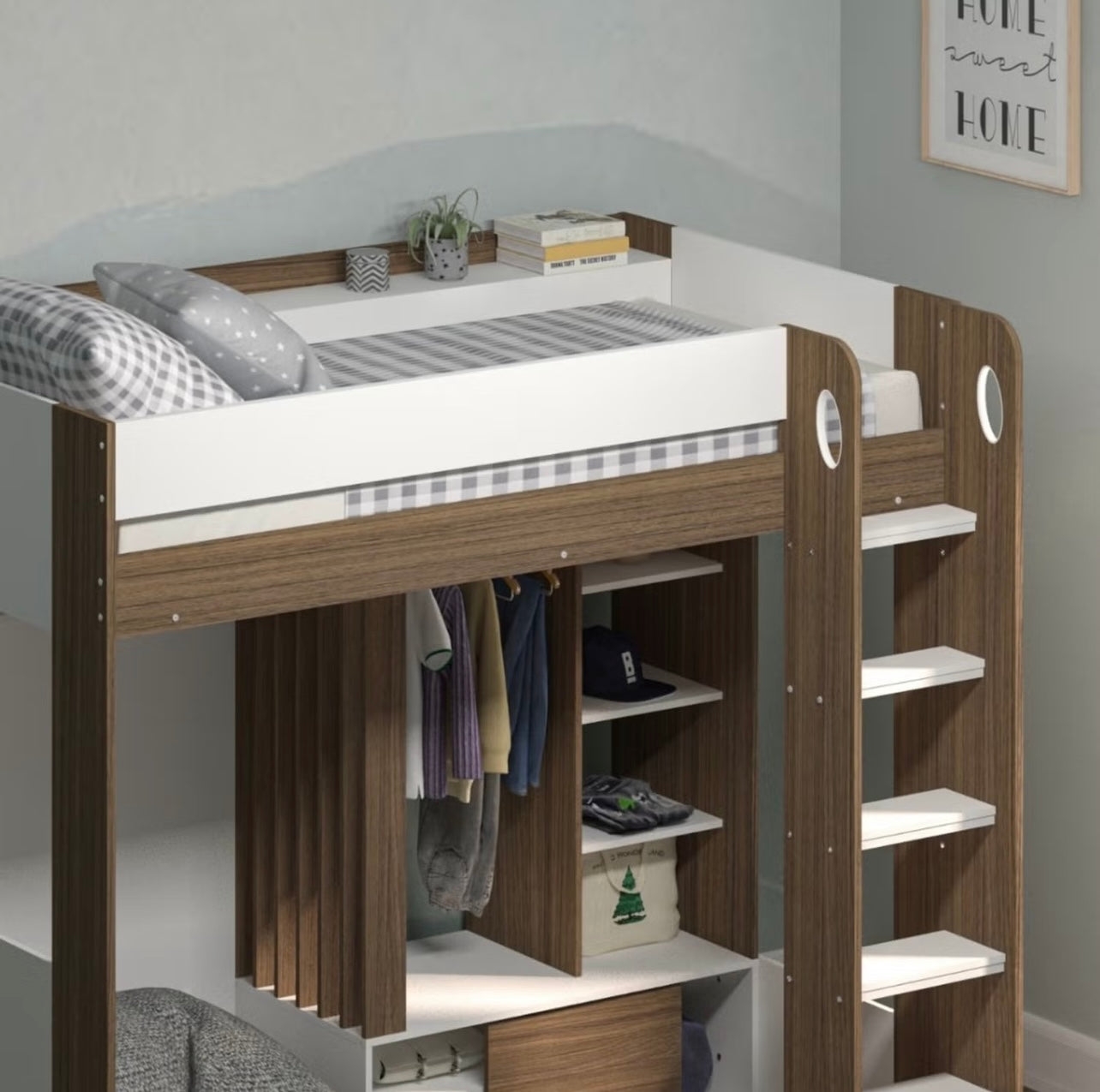Kids High Sleeper Bed with Wardrobe and Integrated Storage