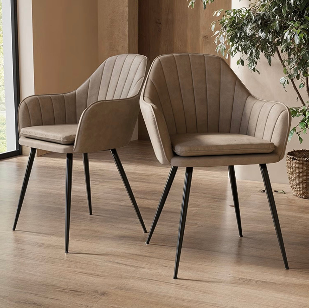 Faux Leather Dining Chairs Modern with Armrests and Sleek Black Legs