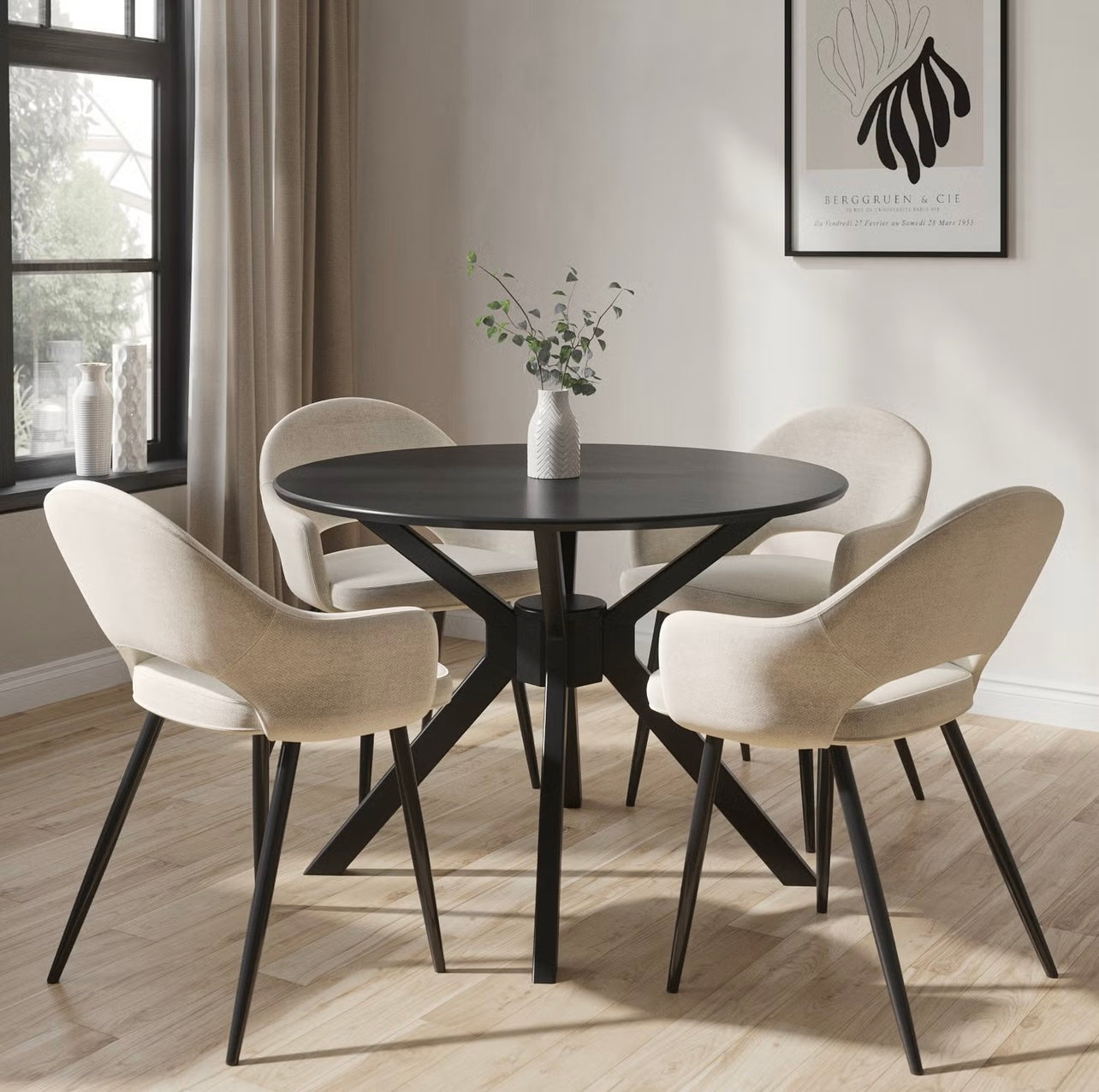 Modern Black Dining Set Table and Four Chairs