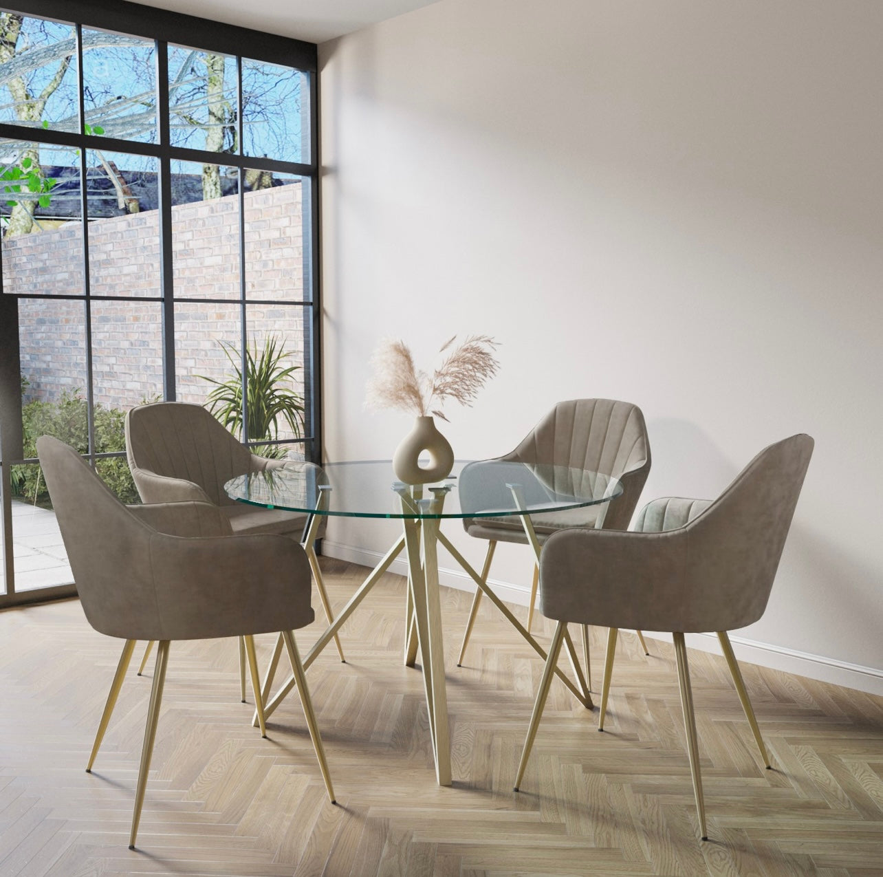 Dining Set Glass Table and Four Velvet Chairs