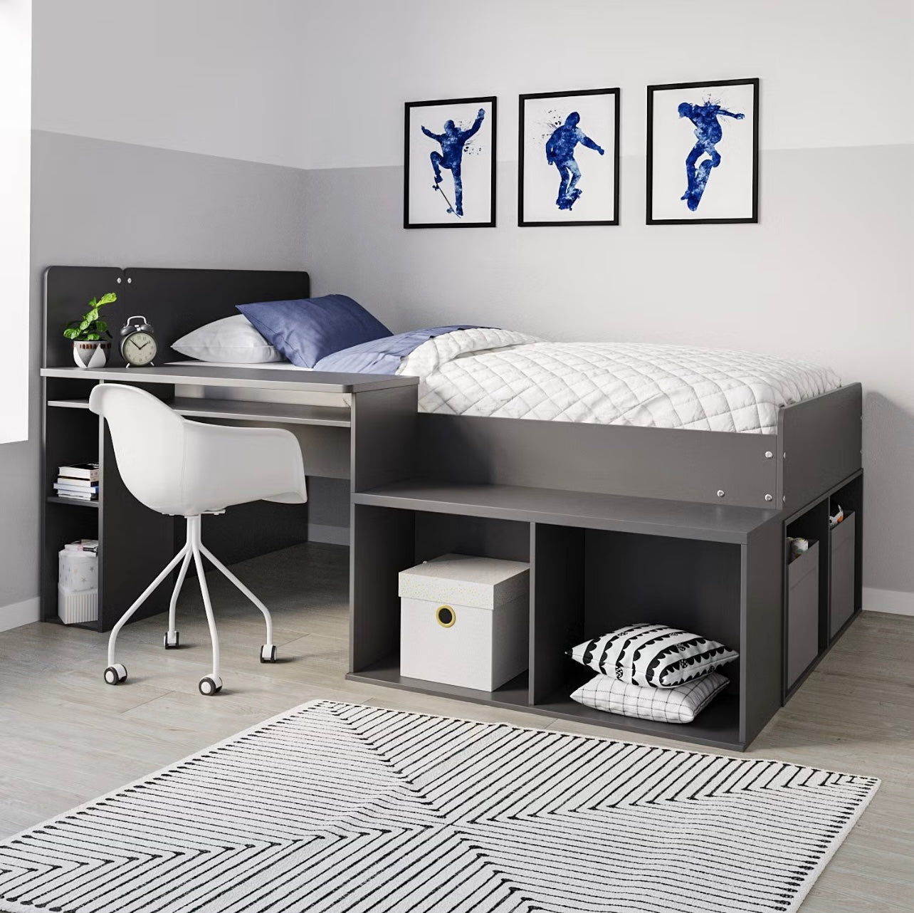 Kids Mid Sleeper Cabin Bed Frame Single with Shelves and Built in Desk