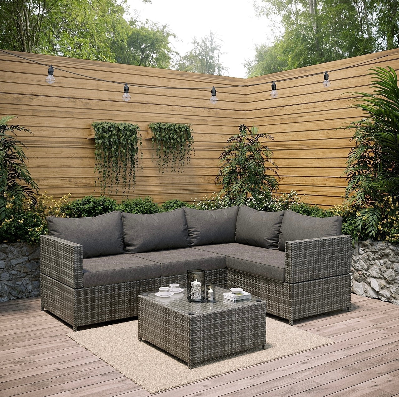 Grey Rattan Garden Sofa Set with Cushions and Table Outdoor Living