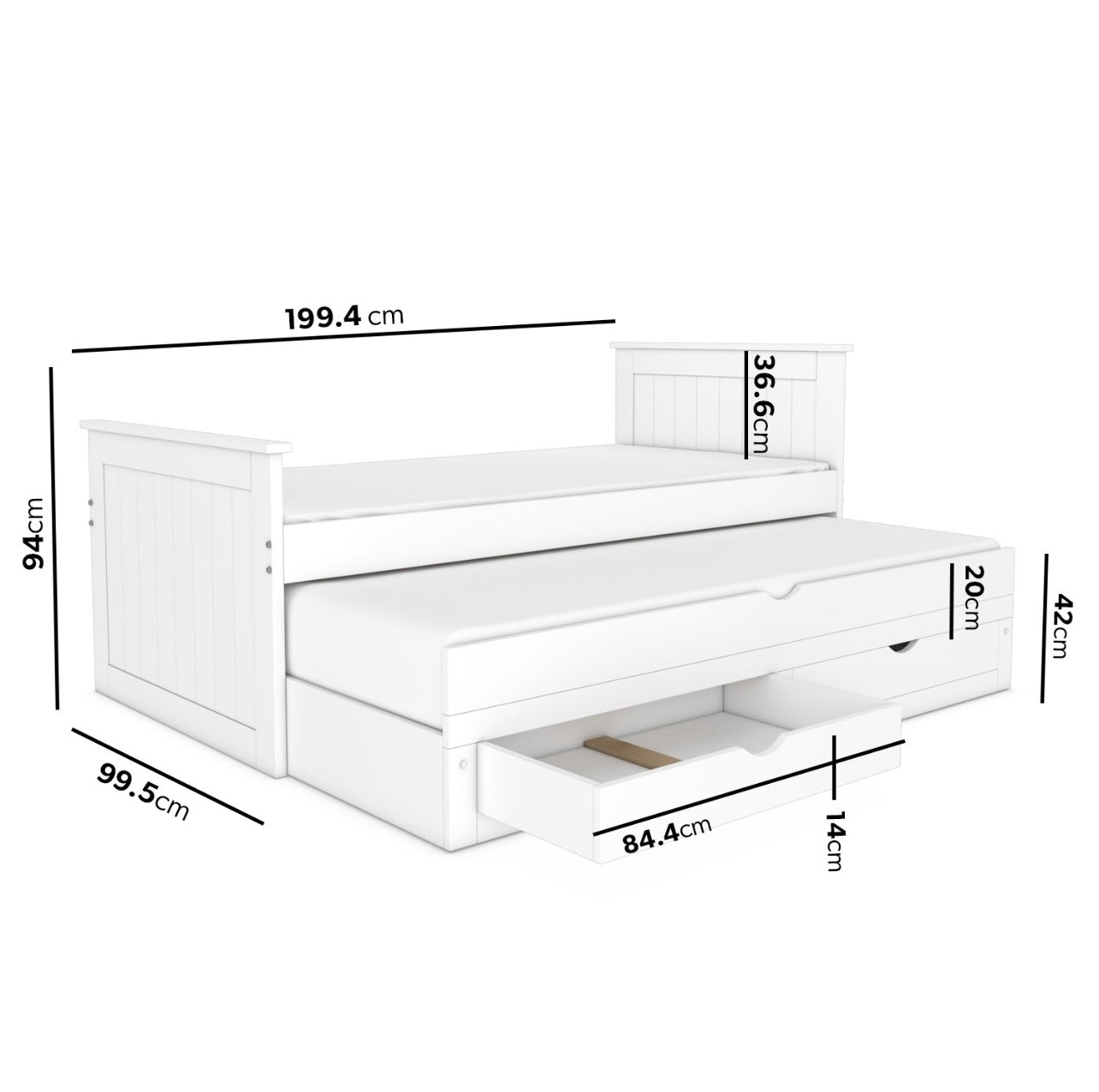 White Guest Bed Pull Out Trundle with Storage Drawers