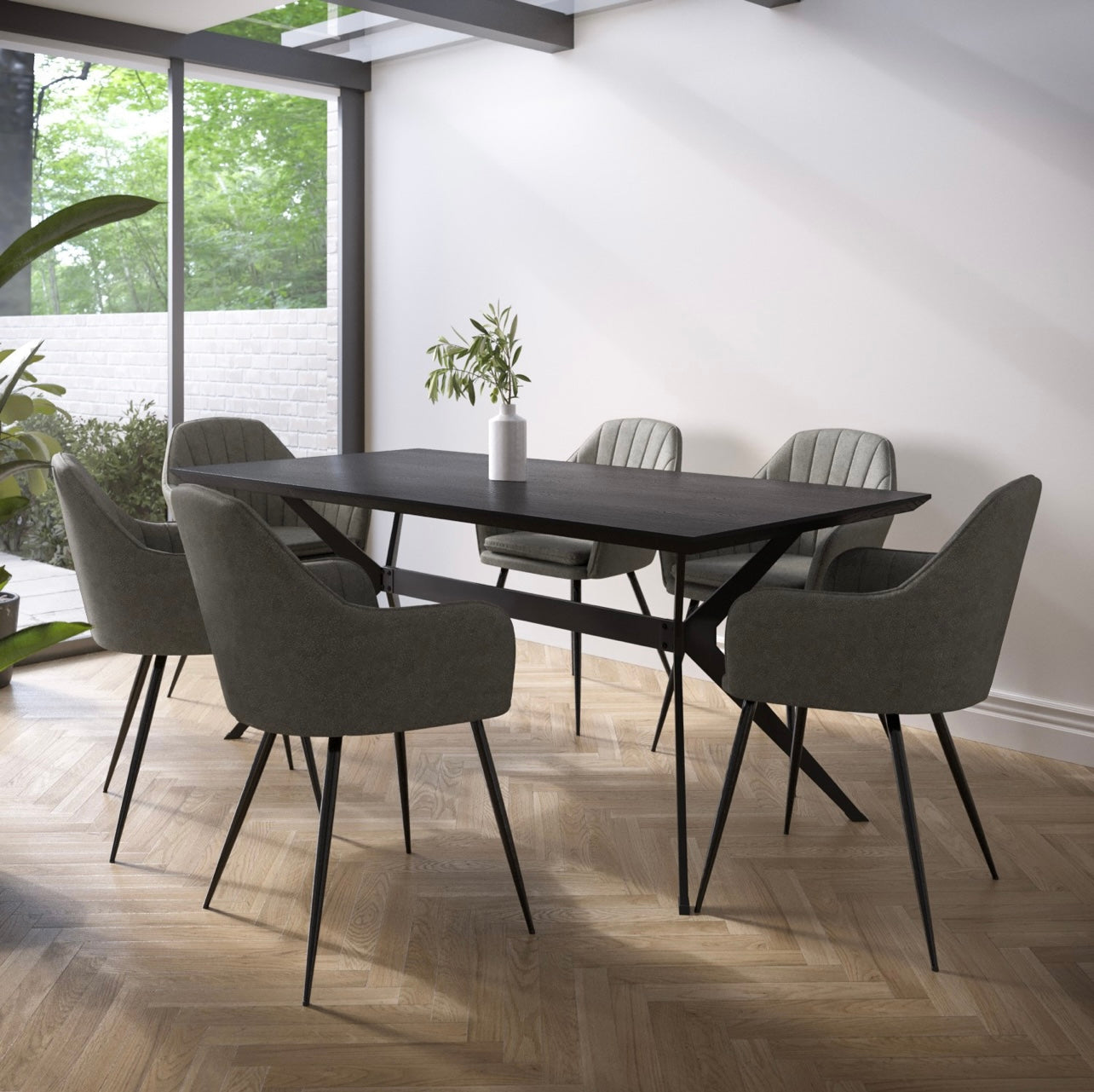 Modern Dining Set Black Table with Six Chairs