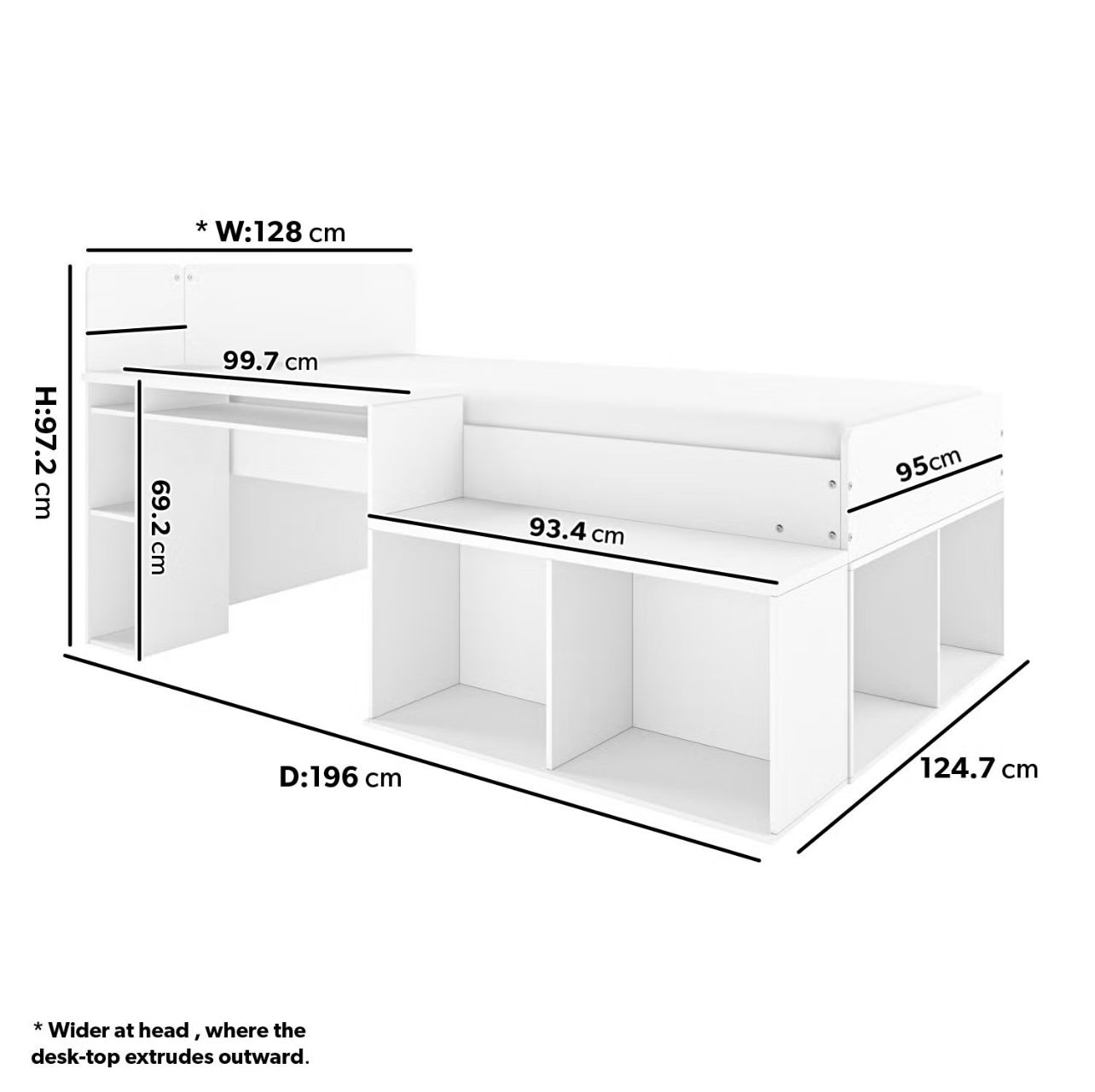Kids Mid Sleeper Cabin Bed Frame Single with Shelves and Built in Desk