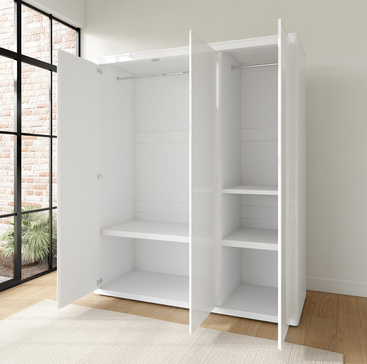 White Triple Wardrobe Hanging Clothes Rail and Storage Shelves