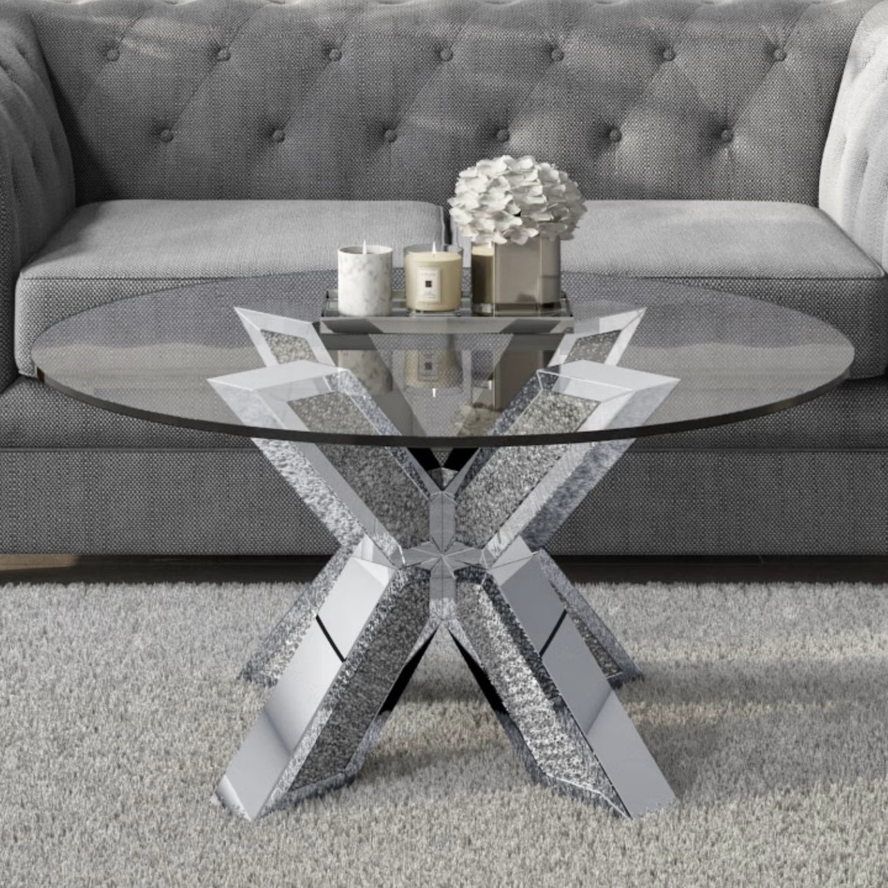 Glass Coffee Table Mirrored Leg Detailing