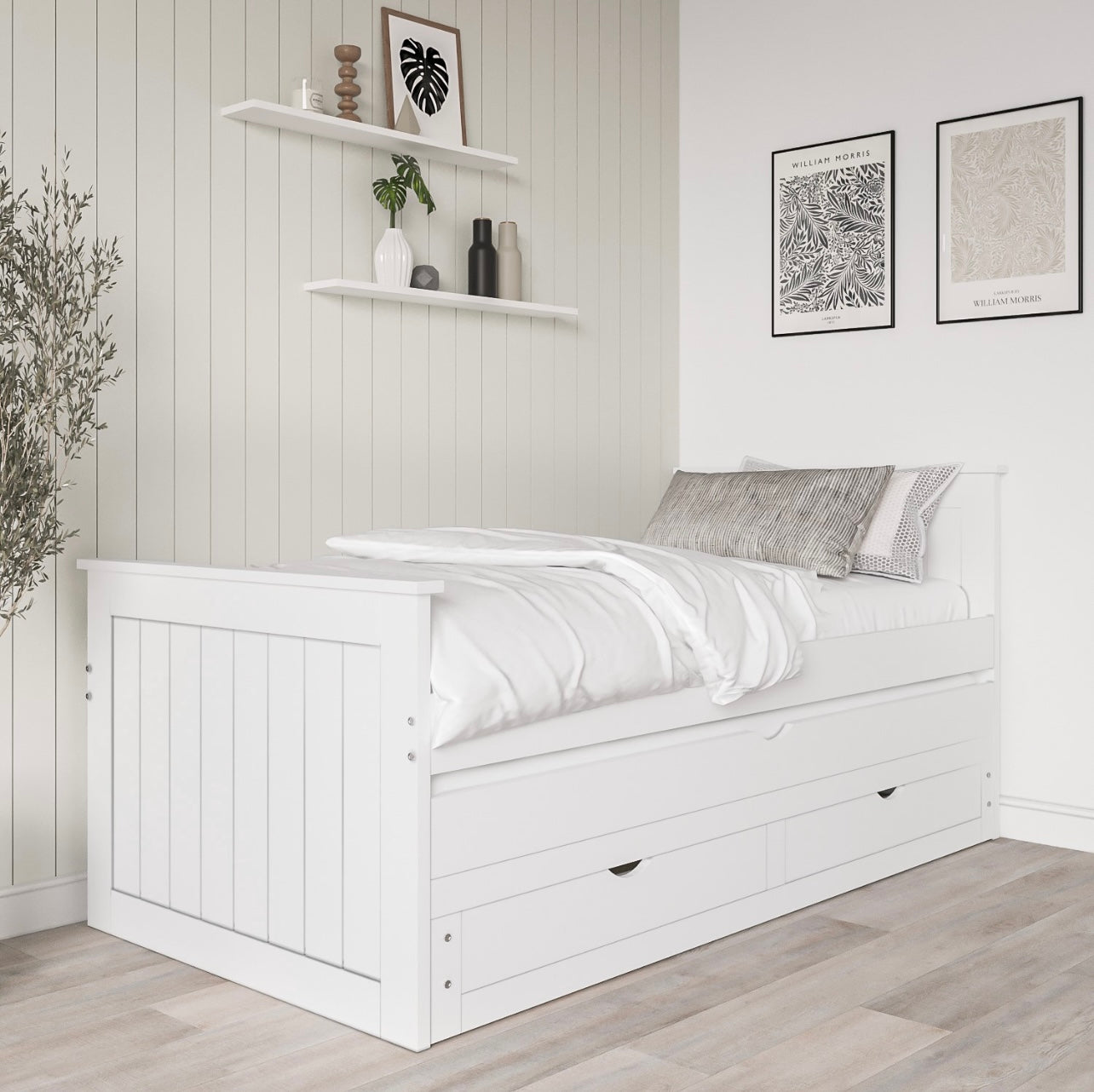 White Guest Bed Pull Out Trundle with Storage Drawers