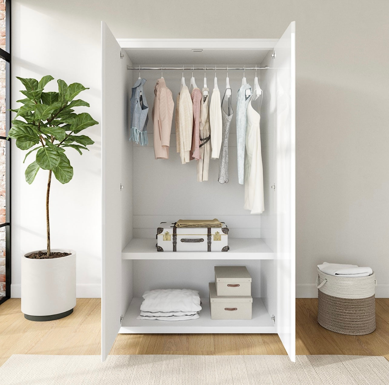 Mirrored Double Wardrobe Hanging Clothes Rail and Storage Shelves