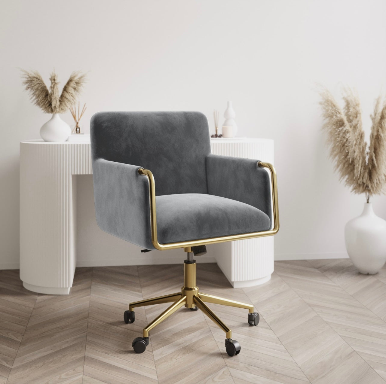 Grey Velvet Office Chair Ergonomic with Swivel and Adjustable Height