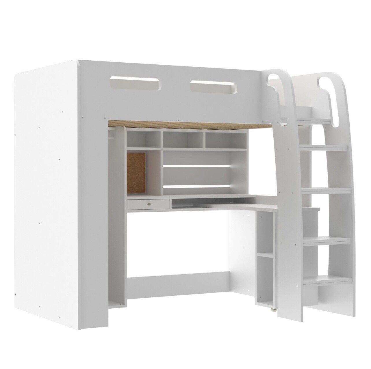 Kids White High Sleeper Bed Frame Single with Desk and Clothes Rail