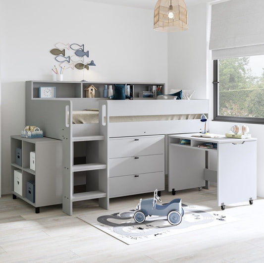 Kids Cabin Bed Mid Sleeper Frame Single with Storage Drawers and Desk