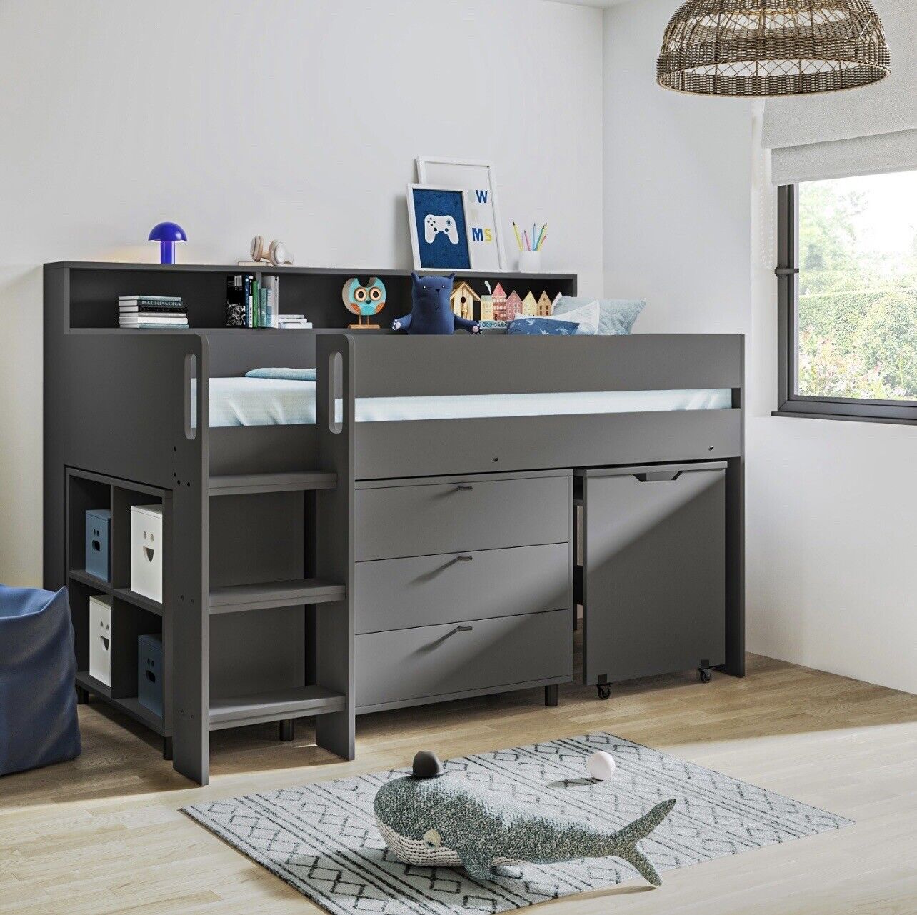 Kids Cabin Bed Mid Sleeper Frame Single with Storage Drawers and Desk