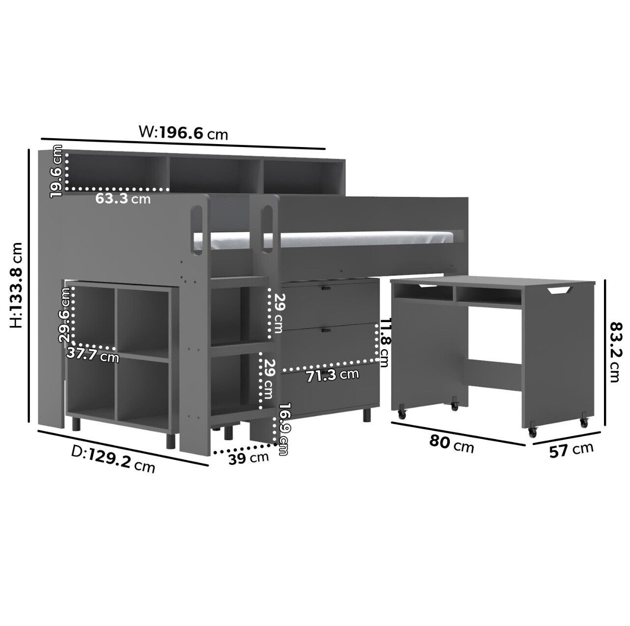 Kids Cabin Bed Mid Sleeper Frame Single with Storage Drawers and Desk