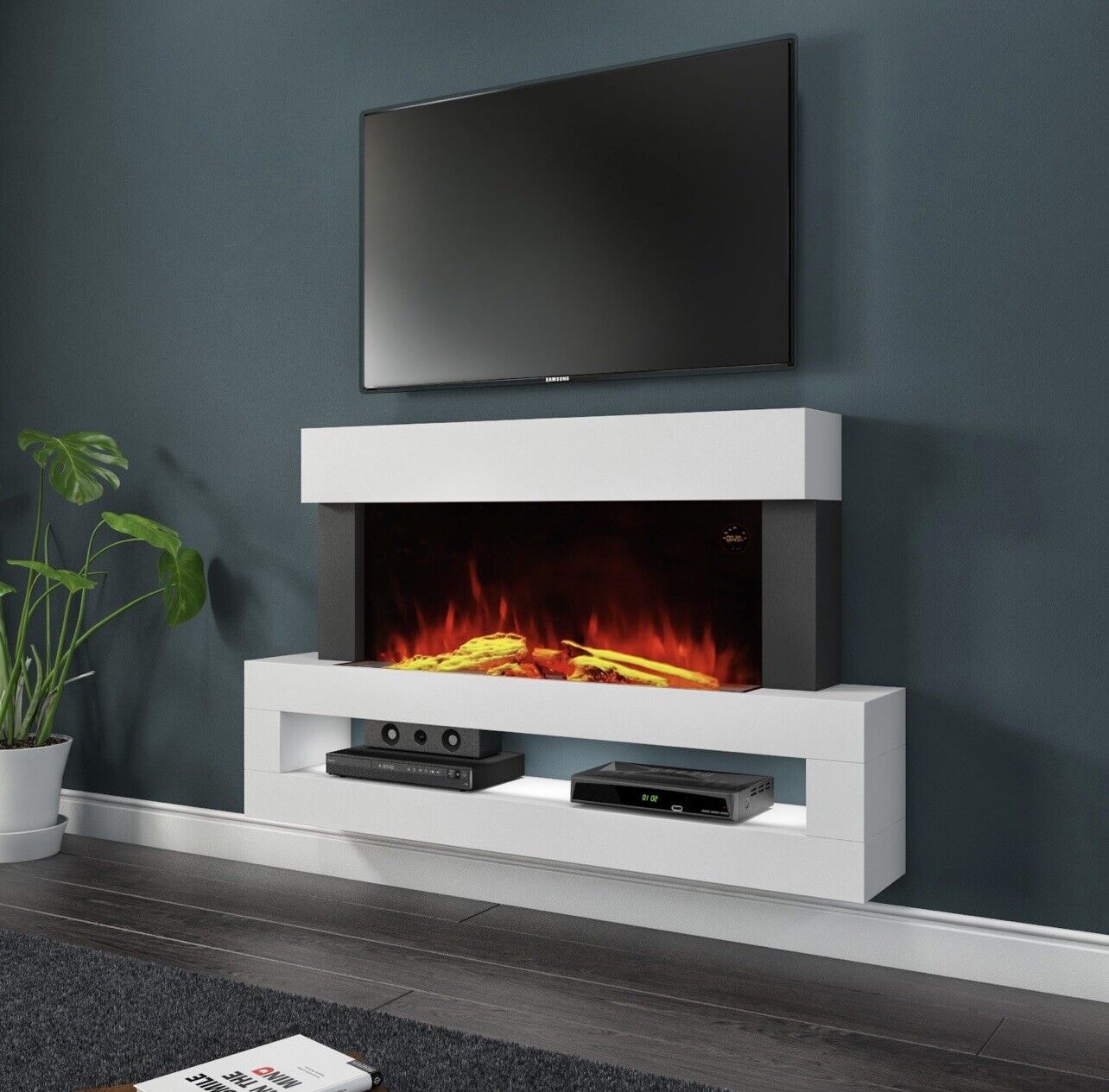 Electric Fireplace with Storage Shelf and LED Flames