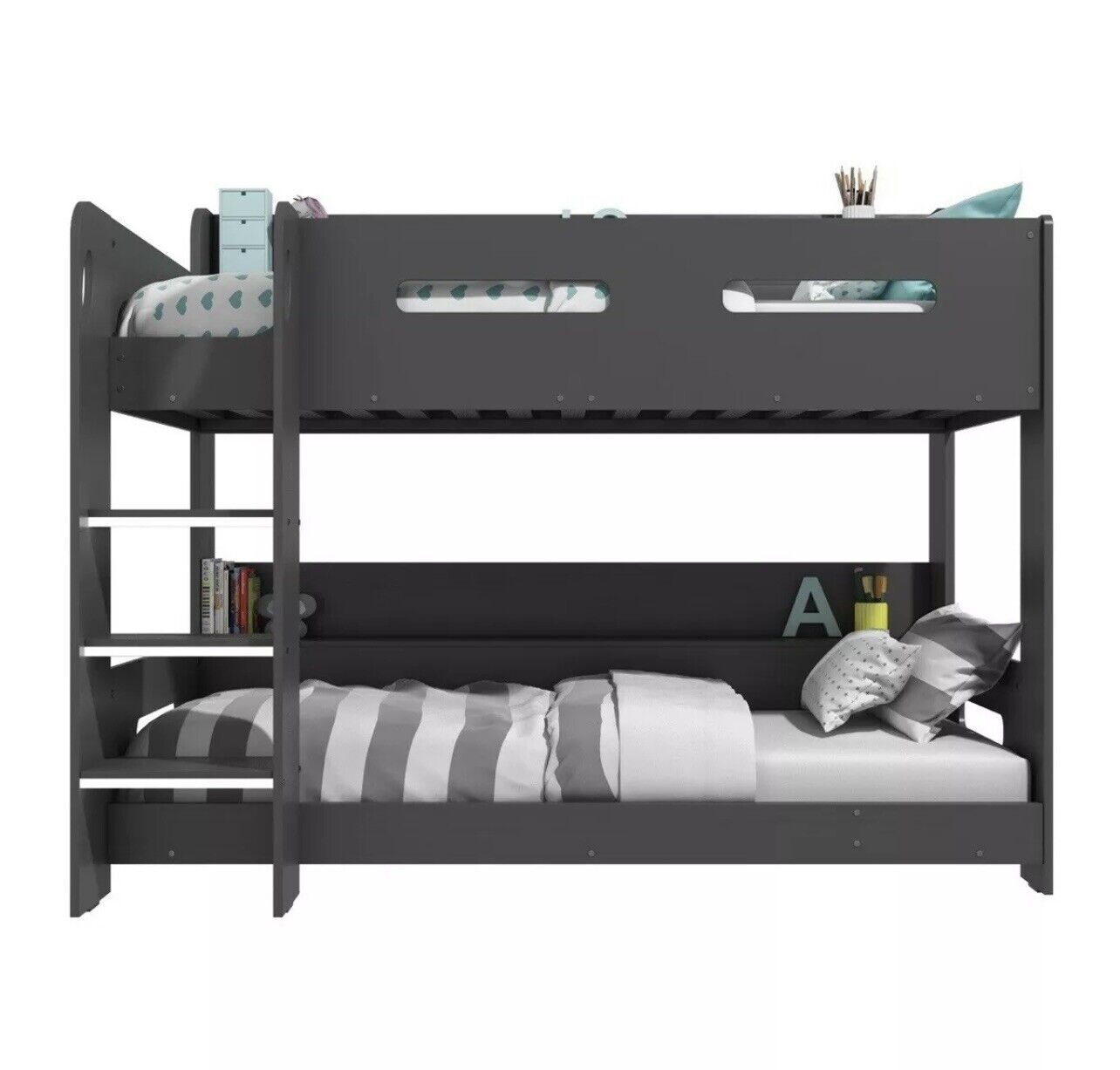 Kids Grey Bunk Bed with Shelving and Glowing Steps