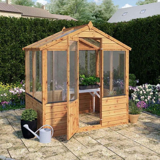Brown Wooden Greenhouse with Opening Roof Vent and Climate Control