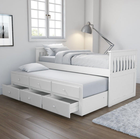 White Single Guest Bed Pull Out Trundle with Drawers