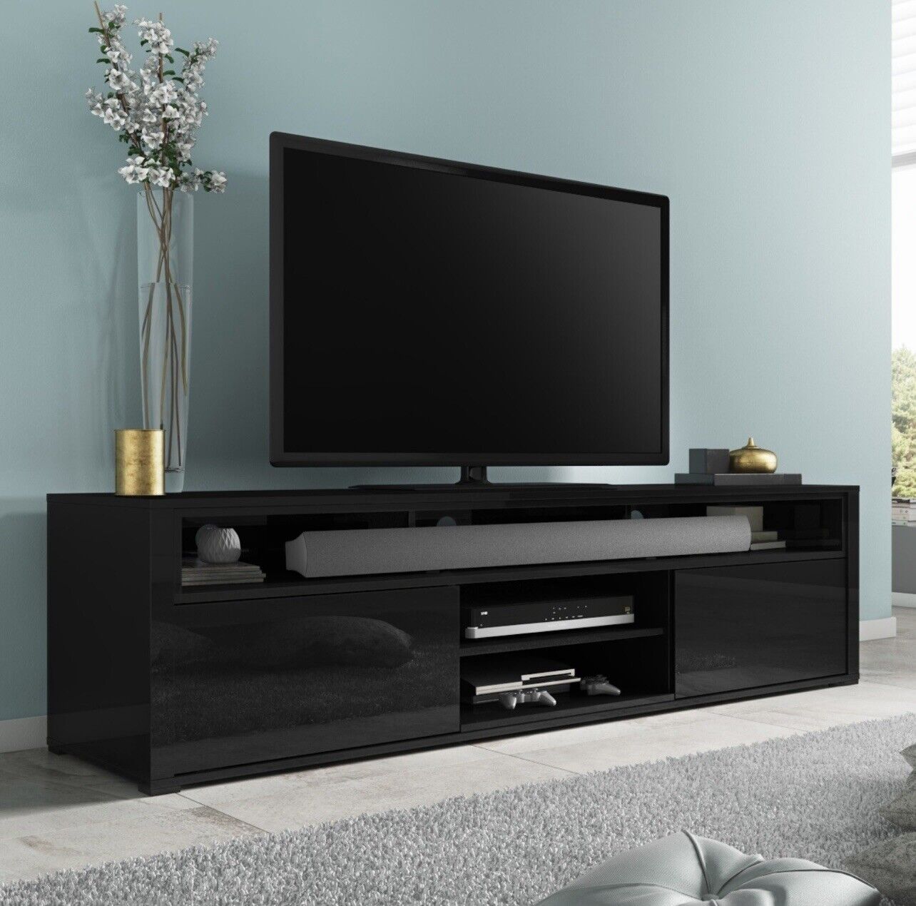 Black TV Unit Stand with Adjustable Shelf and Storage