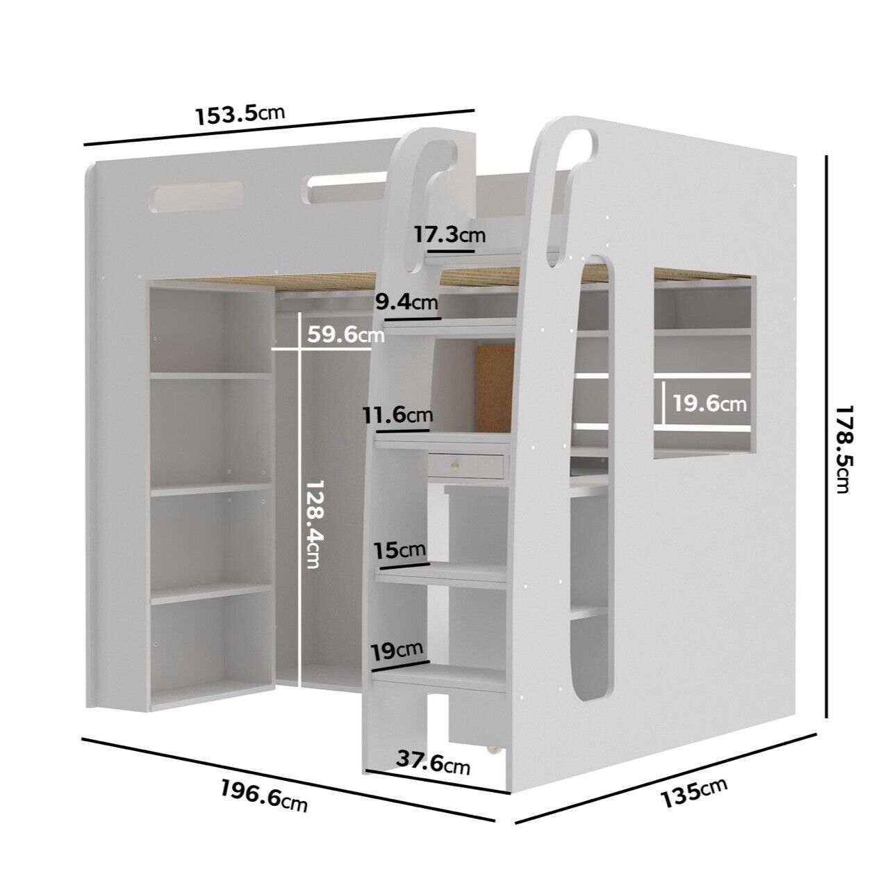 Kids White High Sleeper Bed Frame Single with Desk and Clothes Rail