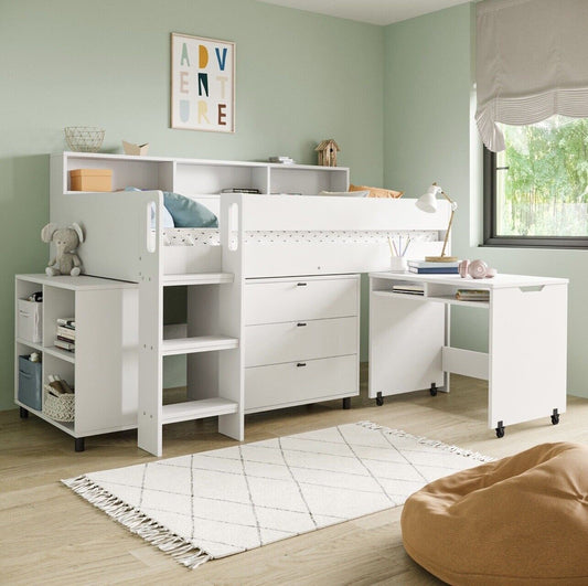 Kids Cabin Bed Mid Sleeper Frame Single with Storage Drawers and Desk