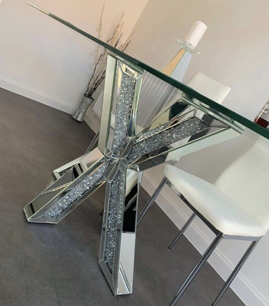 Modern Glass Dining Table with Stylish Mirrored Legs