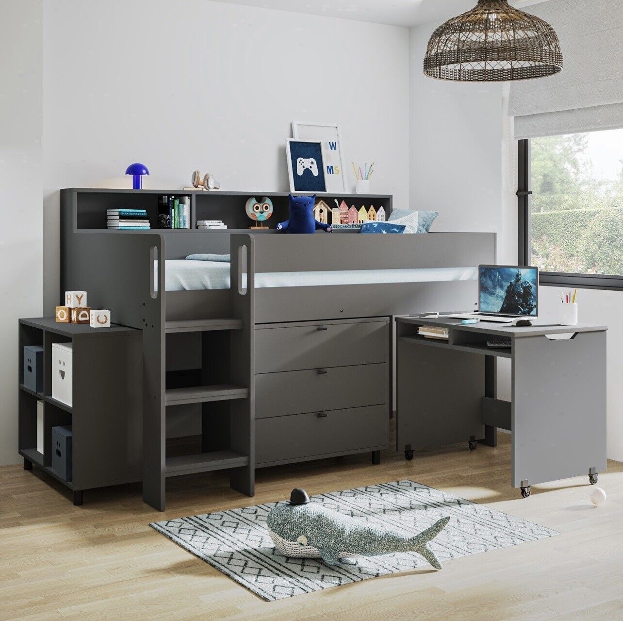 Kids Cabin Bed Mid Sleeper Frame Single with Storage Drawers and Desk