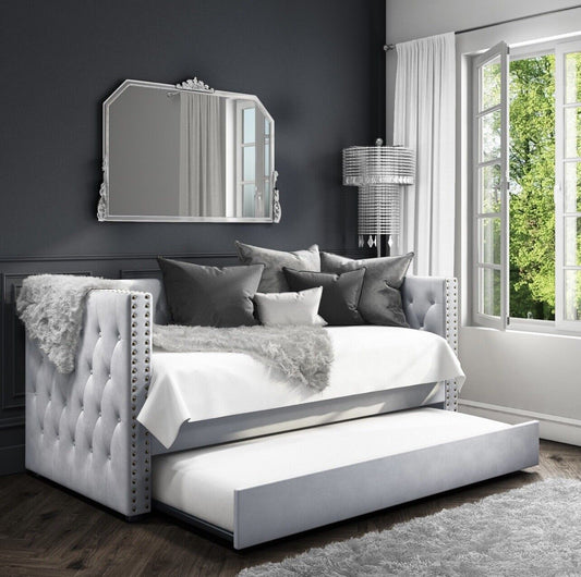 Grey Velvet Single Daybed Guest Room with Pull Out Trundle