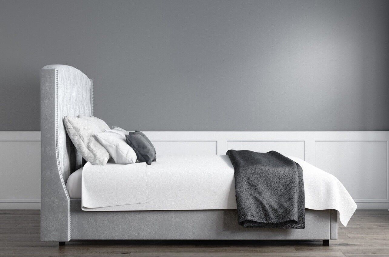 King Size Ottoman Bed in Grey Velvet with Storage and Studded Headboard
