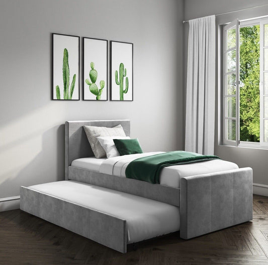 Grey Velvet Guest Bed Single with Pull Out Trundle