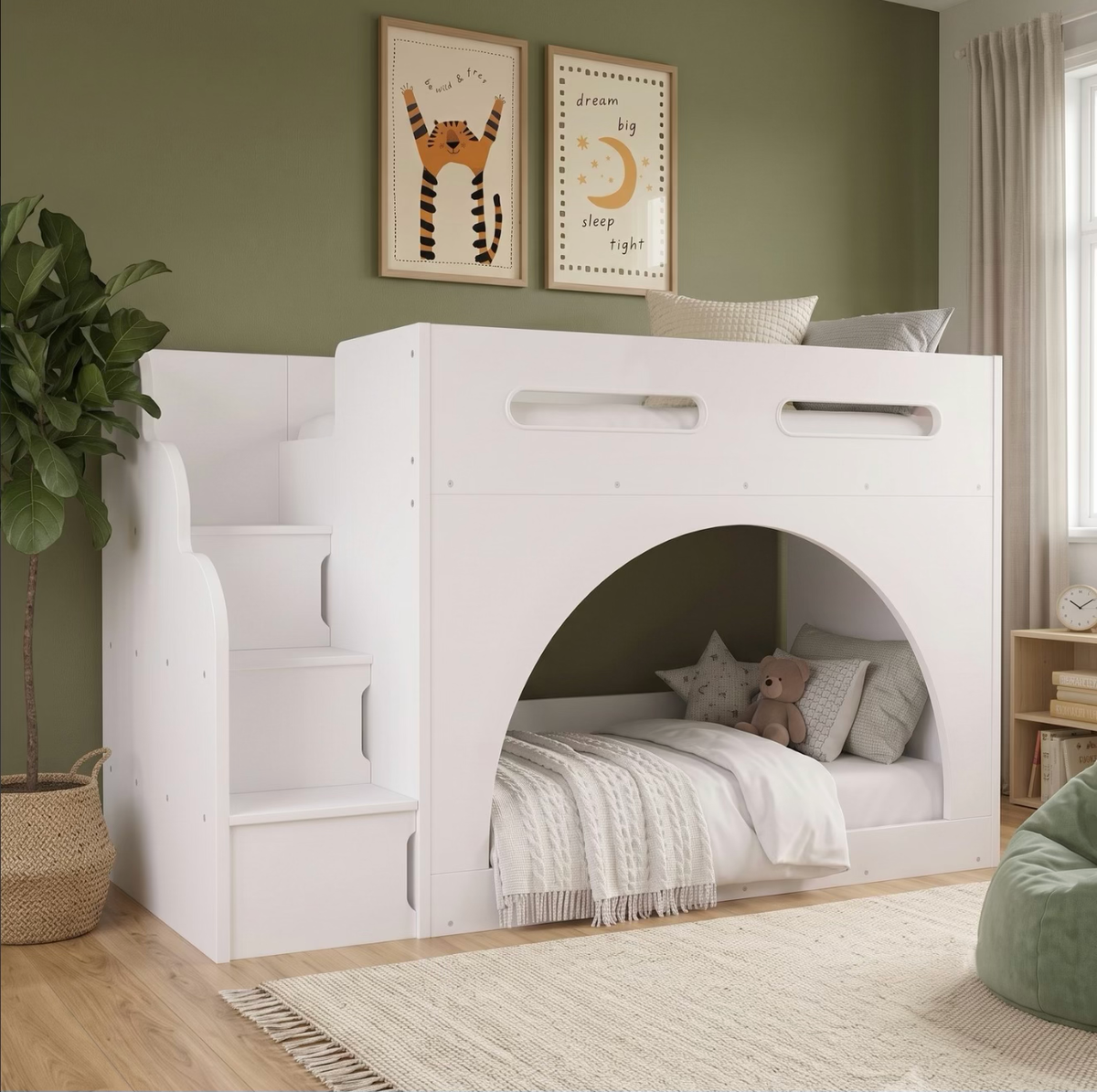 Kids White Bunk Bed with Storage and Shelves