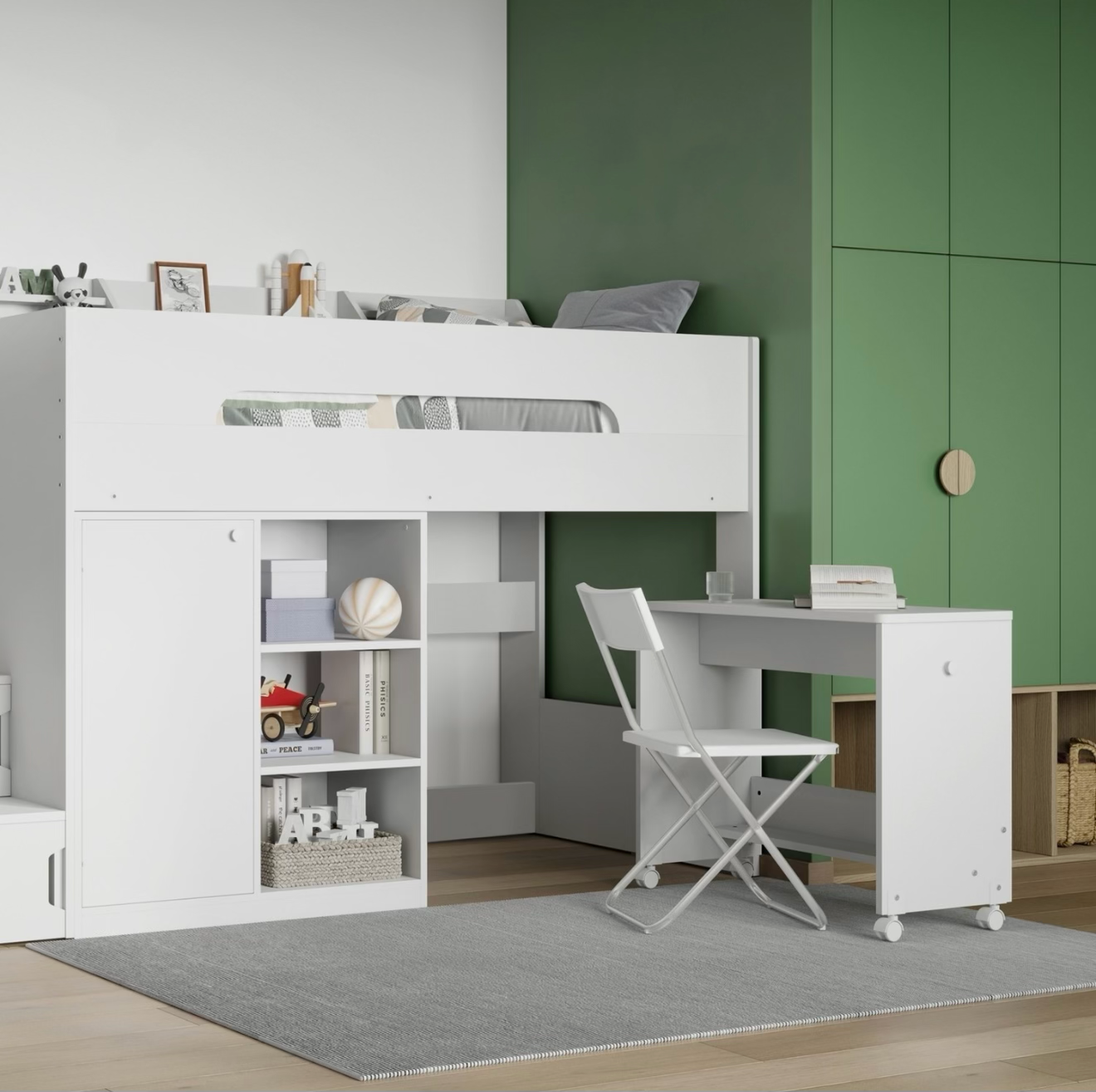 Kids White High Sleeper Bed Single with Desk and Clothes Rail