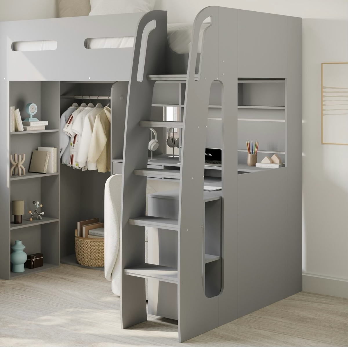 Kids Grey High Sleeper Bed Frame Single with Desk and Clothes Rail