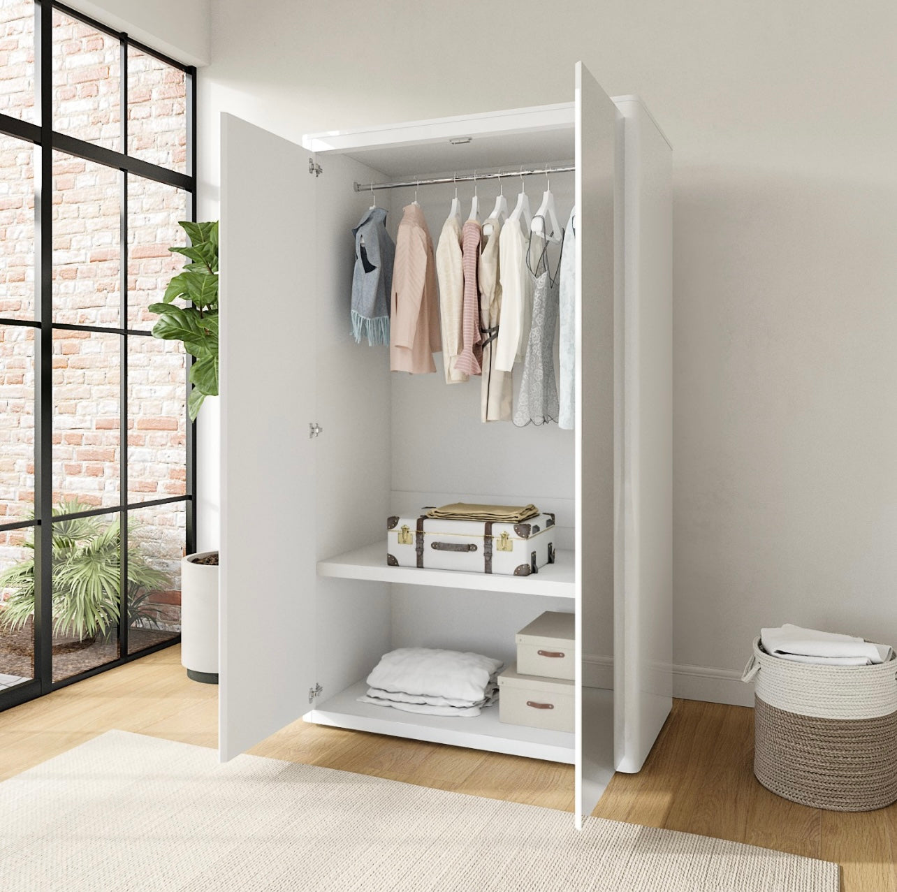 Mirrored Double Wardrobe Hanging Clothes Rail and Storage Shelves