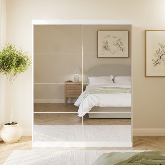 White Wardrobe Double Mirrored with Shelves