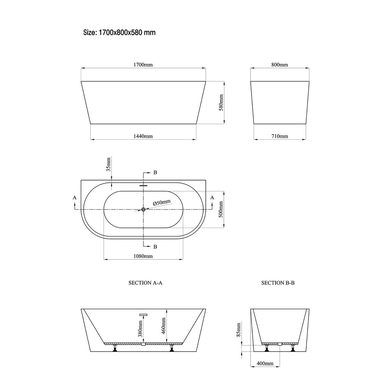 Matt Grey Double Ended Bath Freestanding Bathtub