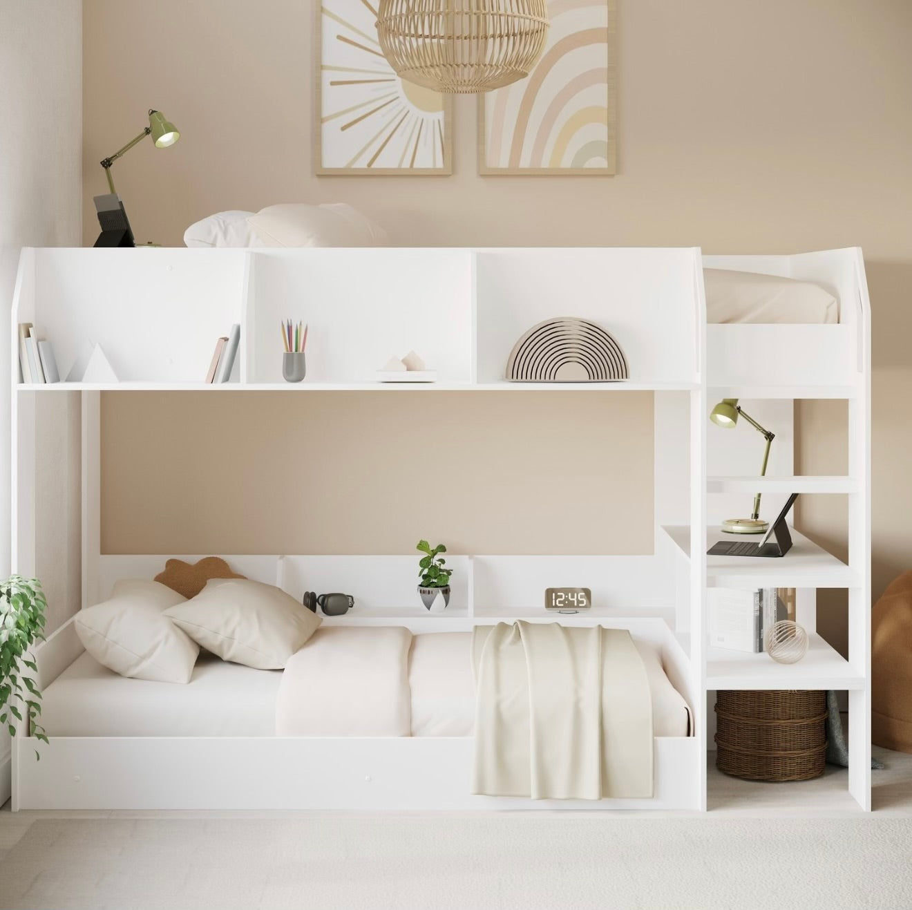 Kids Bunk Bed Single Sleeper Wooden with Storage and Shelves