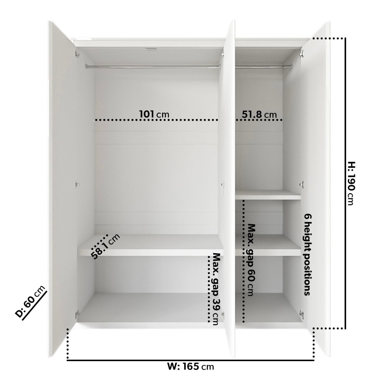 Mirrored Triple Wardrobe Hanging Clothes Rail and Storage Shelves