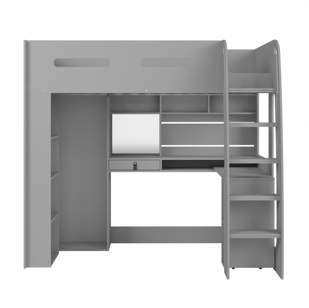 Kids Grey High Sleeper Bed Frame Single with Desk and Clothes Rail