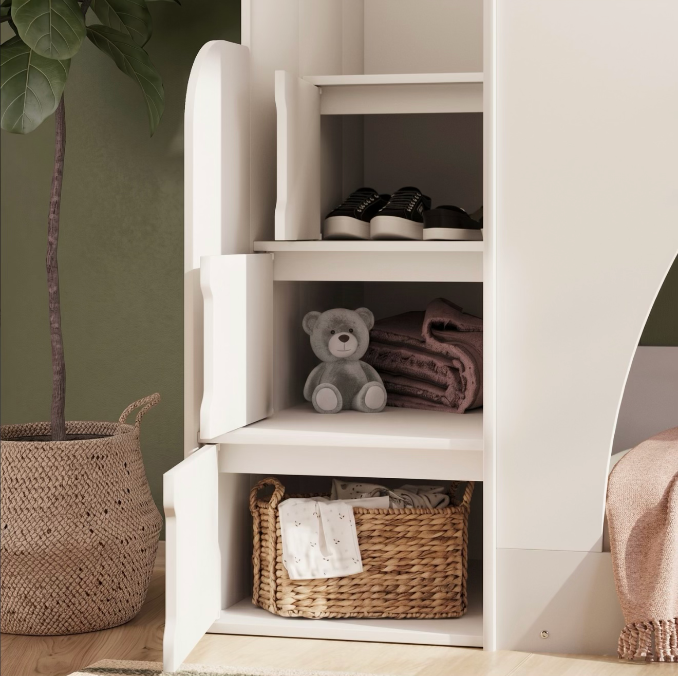 Kids White Bunk Bed with Storage and Shelves